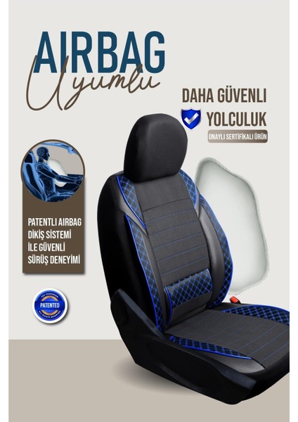 Renault Megane 4 Sedan Uyumlu Lüks Yarı Deri Bel Destekli Oto Koltuk Kılıfı Vera Series Siyah Mavi Renk fırsatları