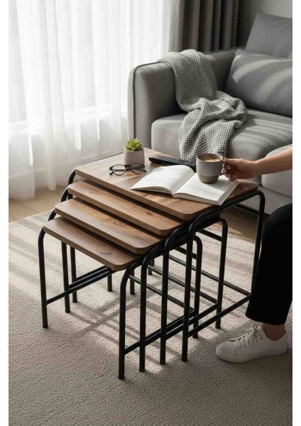 Modern Metal Ayaklı 4’lü Zigon Sehpa Seti – Endüstriyel Tarz Yan Sehpa