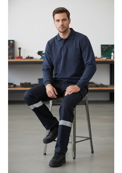 Polo Yaka Sweatshirt – Lacivert 2 Iplik Kumaş, Uzun Kollu Rahat Iş Elbisesi indirimleri