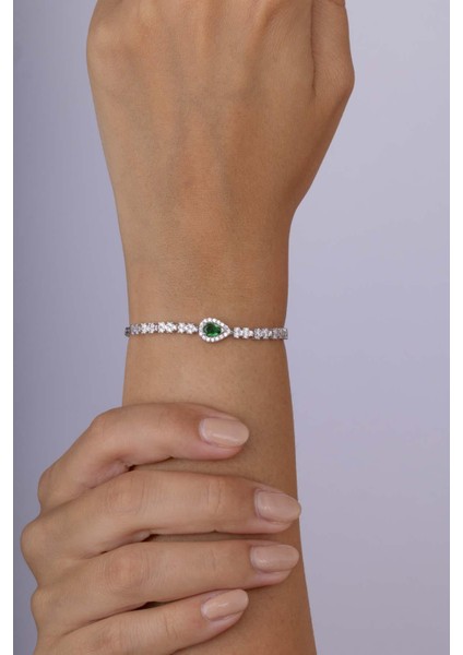 Zümrüt Taşlı Damla Motifli Rodyum Kaplama Gümüş Bileklik fiyatları