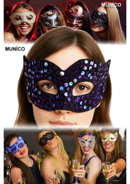 3 Adet Mor Payetli Balo Maskesi Göz Alıcı Tasarım Lastikli Sabitleme Bride ve After Parti Için Ideal