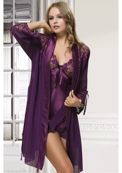 Fantezi Gecelik Sabahlık Set Mor S