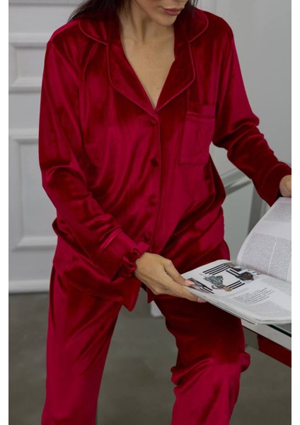 Kırmızı Gofrajlı Kalp Nakışlı Uzun Kadife Pijama Takımı S fırsatları