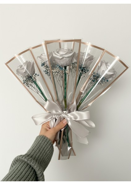 5 Adet Tekli Gri Solmayan Saten Gül, Hediyelik