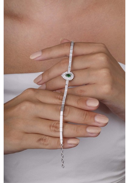 Hürrem Sultan Modeli Zümrüt Taşllı Damla Motifli 925 Ayar Gümüş Bileklik