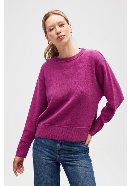 Risu, Düz Örgü Kadın Mevsimlik Triko Bisiklet Yaka Kazak - Fuşya