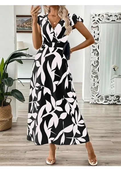 Kadın Kısa Kelebek Kollu Kruvaze Yaka Desenli Süprem Elbise fiyatları