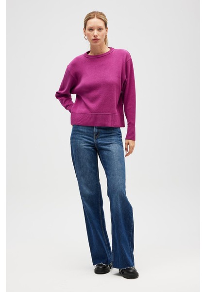 Risu, Düz Örgü Kadın Mevsimlik Triko Bisiklet Yaka Kazak - Fuşya fırsatları