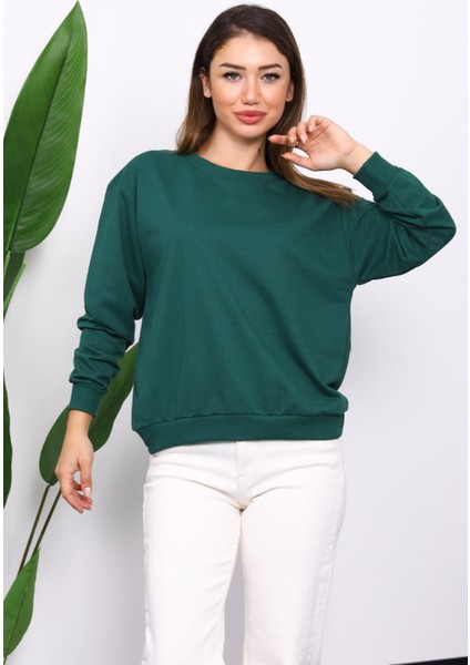 Zümrüt Yeşili Bisiklet Yaka İki İplik Sweatshirt modelleri