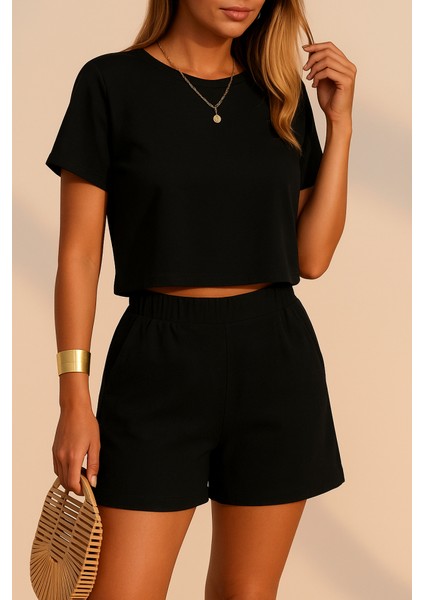 Kadın Kısa Kollu Yuvarlak Yakalı Ithal Keten Bluz ve Short Ikili Takım