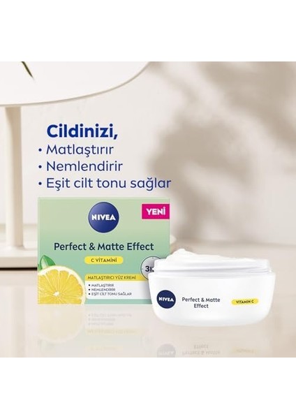 Nıvea Perfect & Matte Effect C Vitaminli Yüz Bakım Kremi (50 Ml), Matlaştırıcı, Nemlendirici Yüz Kremi, Eşit Cilt Tonu