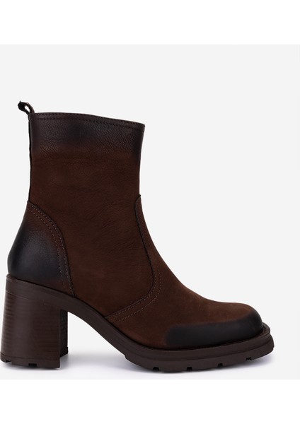 Kadın Hakiki Deri Kahverengi Nubuk Topuklu Bot 324 7988 Bn Bot SK25-26 Kahve Nbk