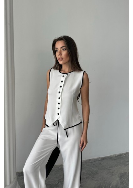 Keten Kenarları Biyeli Yelek - Pantolon Takım - Beyaz fırsatları