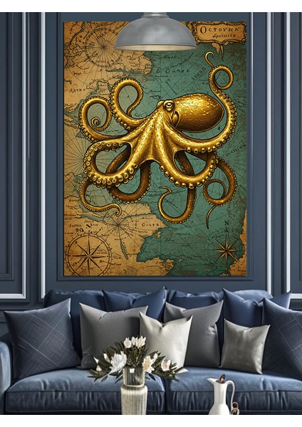 Ahtapotun Altın Rengi Deniz Canlısı Dekoratif Kanvas - Mdf Ahşap Tablo modelleri