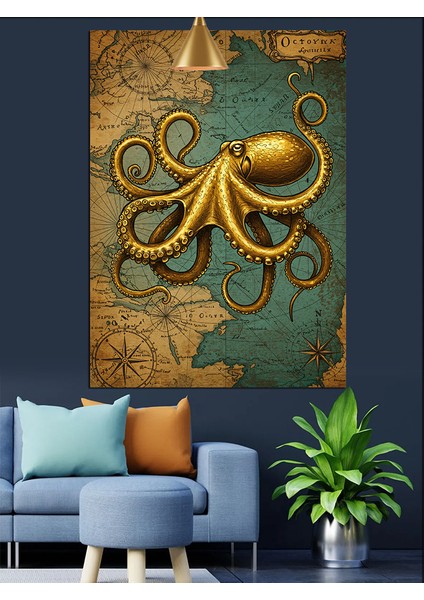 Ahtapotun Altın Rengi Deniz Canlısı Dekoratif Kanvas - Mdf Ahşap Tablo indirimleri