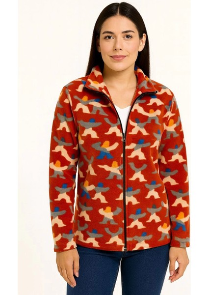 Kadın Tam Fermuarlı Desenli Polar Sweat - Siyah Multicolor Figür Desen Yakalı, Uzun Kollu, Oversize Rahat Kalıp - Kiremit