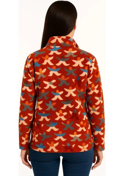 Kadın Tam Fermuarlı Desenli Polar Sweat - Siyah Multicolor Figür Desen Yakalı, Uzun Kollu, Oversize Rahat Kalıp - Kiremit modelleri