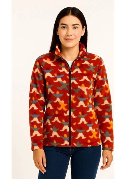 Kadın Tam Fermuarlı Desenli Polar Sweat - Siyah Multicolor Figür Desen Yakalı, Uzun Kollu, Oversize Rahat Kalıp - Kiremit fırsatları