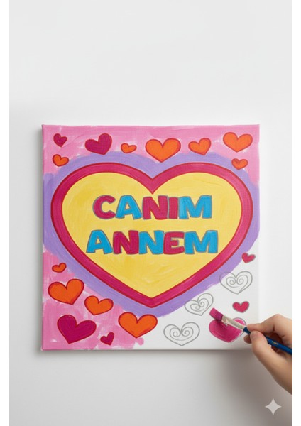 Okul Etkinliği 20X20 Resimli Tuval Çocuk Boyama Seti-Canım Annem_model-21 Resimli 3 Boya 1 Fırça