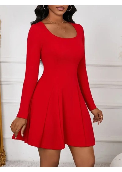 Kadın Uzun Kollu Kare Yakalı Mini Ithal Krep Elbise fiyatları