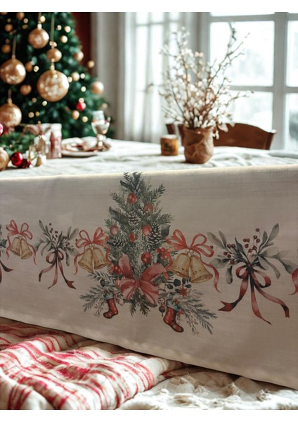 Yılbaşı Temalı Keten Masa Örtüsü-Çam Ağacı ve Çan Desenli