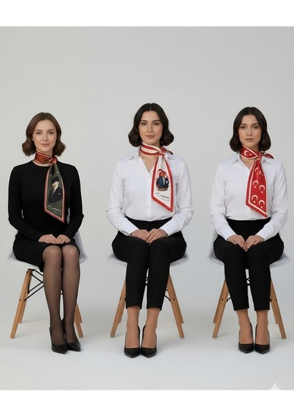 Atatürk Fotoğraflı ve Imzalı Türk Bayraklı 3'lü Set Kravat / Eşarp / Fular