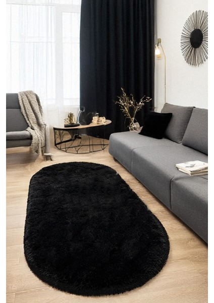 Siyah Oval Post Halı Peluş Yumuşak Kaymaz Dot Taban Antibakteriyel Makinada Yıkanabilir Yolluk modelleri