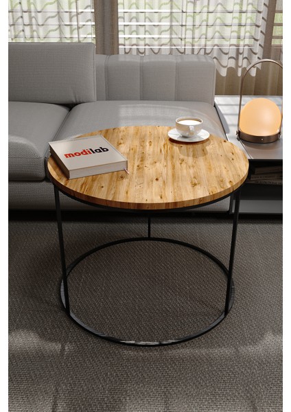 Lüx Orta Sehpa Modern Yuvarlak Orta Sehpa Atlantik Çam Traverten Desen Metal Ayaklı Ahşap Tasarım