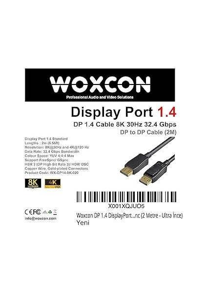 Dp 1.4 Displayport Kablo 32.40 Gbps Bandwith Hbr3 8k 30Hz, 4K 120Hz, 4K 60Hz, 2k 240Hz, 2k 165Hz, 1080P 240Hz Destekli Hdr, Freesync, G-Sync (2 Metre) fiyatları