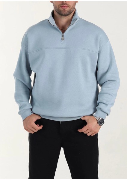 Lowell Bebe Mavisi Yarım Oversize Içi Pamuklu Üç Iplik Şardonlu Basic Erkek Sweatshirt