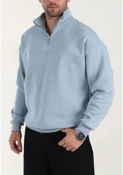 Lowell Bebe Mavisi Yarım Oversize Içi Pamuklu Üç Iplik Şardonlu Basic Erkek Sweatshirt modelleri