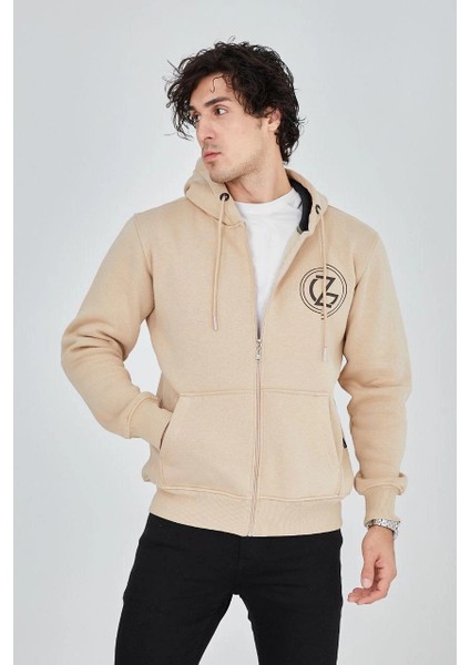 Erkek Kapüşonlu Baskılı Fermuarlı Hırka - Bej -Vlmr modelleri