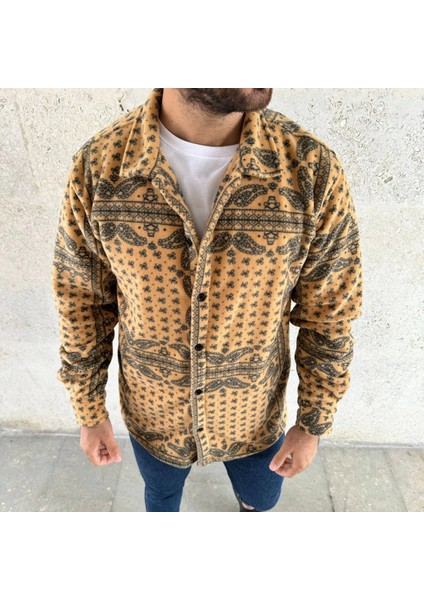 Erkek Desenli Düğmeli Polar Gömlek - Hardal Paisley Desen Yakalı, Uzun Kollu, Oversize Rahat Kalıp - Sarı -Vlmr fiyatları