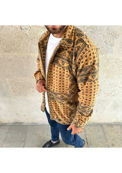 Erkek Desenli Düğmeli Polar Gömlek - Hardal Paisley Desen Yakalı, Uzun Kollu, Oversize Rahat Kalıp - Sarı -Vlmr fırsatları