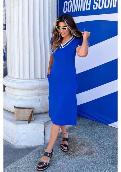 Kadın Kısa Kollu V Yaka ve Yaka Ribana Detay Midiboy Viskon Elbise