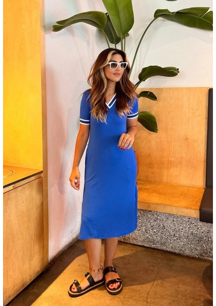 Kadın Kısa Kollu V Yaka ve Yaka Ribana Detay Midiboy Viskon Elbise fırsatları
