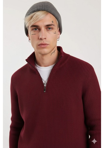 Bordo Yarım Fermuarlı Kalın Triko Kazak – Oversize Fit Rahat Kesim