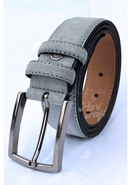 Hakiki Süet Deri Gri Erkek Kemer 3,5 cm Orijinal Klasik Kumaş Pantolon Kemeri