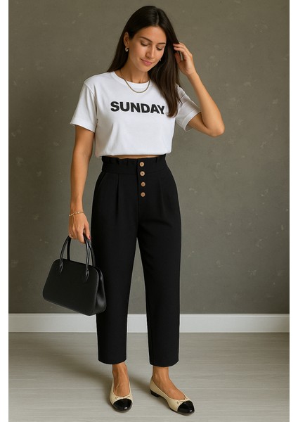 Kadın Yüksek Belli Önden Düğmeli Ithal Keten Pantolon