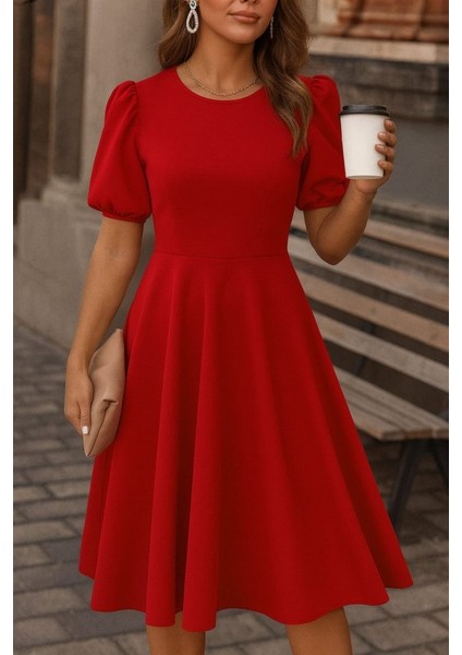 Kadın Kısa Balon Kollu Bisiklet Yaka Geniş Kesim Janjan Krep Elbise