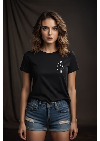 Sevimli Kedi Baskılı Siyah Bisiklet Yaka T-Shirt fiyatları