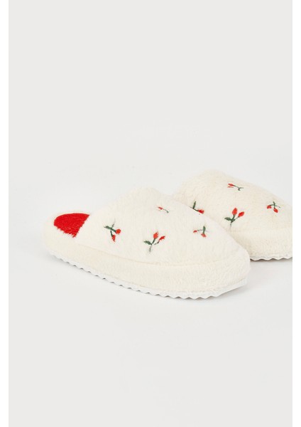 Ekru Kiraz Desenli Ev Terliği