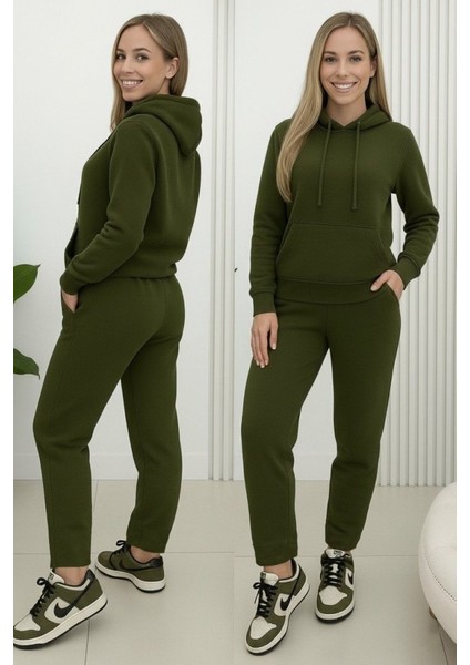 Kadın Uzun Kollu Kapşonlu Bağcıklı Üç Iplik Bluz ve Pantolon Ikili Takım modelleri