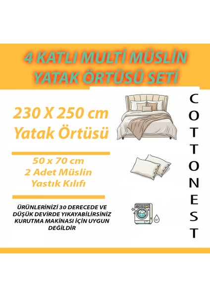 Lüks Multi Muslin %100 Pamuk Çift Kişillik Yatak Örtüsü 230X250 cm Battal Boy 2 Yastıklı modelleri
