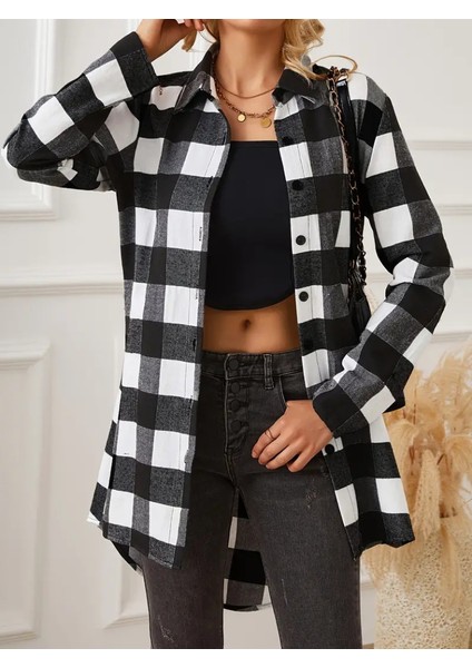 Kadın Uzun Kollu Ekoseli Önden Düğmeli Dokuma Uzun Gömlek modelleri