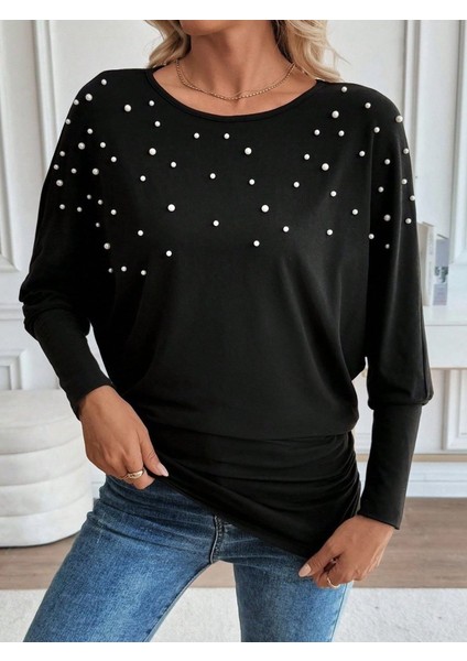 Kadın Uzun Kollu Yuvarlak Yaka Incili Viskon Bluz fiyatları