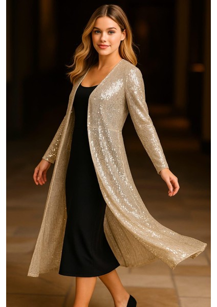 Kadın Büyük Beden Bej, Pul Payet Işli, Agraf Kapama, Uzun Abiye Hırka 65N39203