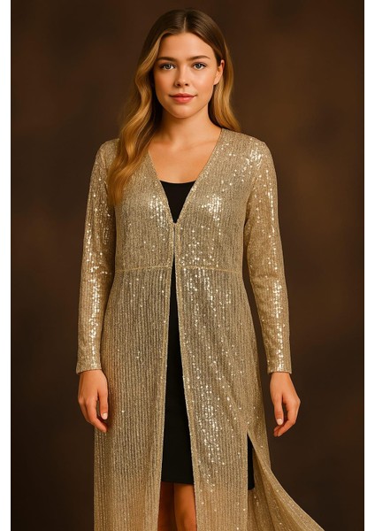 Kadın Büyük Beden Bej, Pul Payet Işli, Agraf Kapama, Uzun Abiye Hırka 65N39203 fırsatları