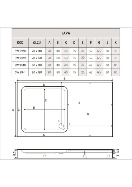 Java Özel Kesim Dikdörtgen Duş Teknesi, Monoblok modelleri