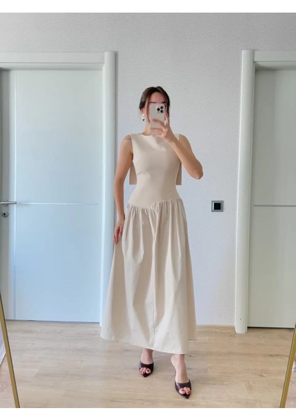 Krep Arkası Kanat Arka Ön Pens Detaylı Uzun Kadın Elbise - Bej fiyatları